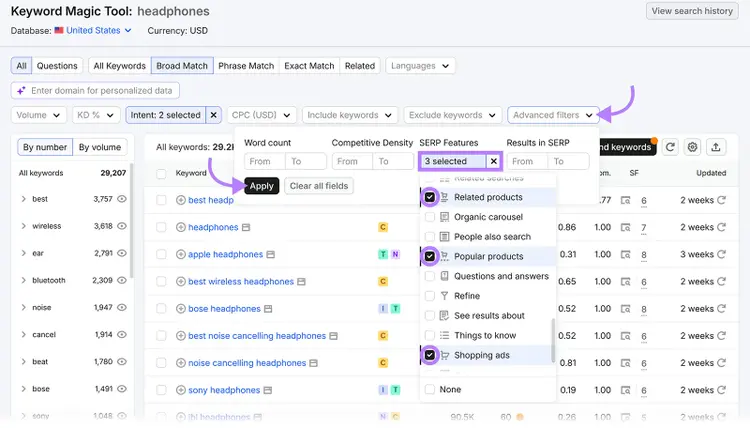 Semrush Keyword Magic Tool filtering for product-related SERP features and shopping ads