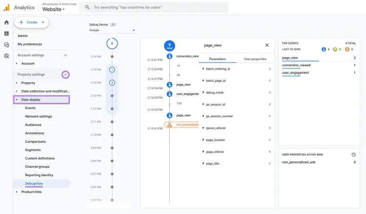 GA4 DebugView showing page_view events, parameters, and recent top events