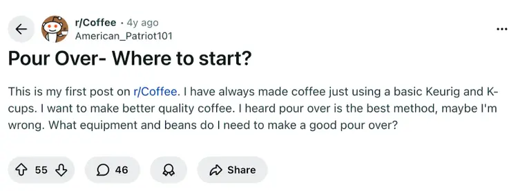 Reddit post from r/Coffee asking Where to start with pour over coffee equipment and beans