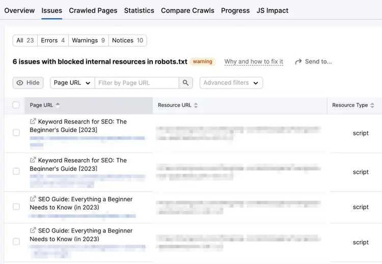 A list of blocked resources in Site Audit tool