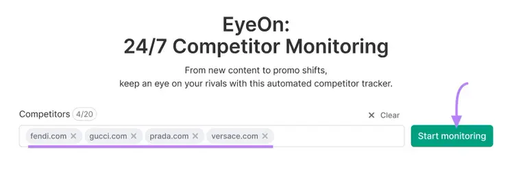 EyeOn competitor monitoring tool showing tracked competitors and Start monitoring