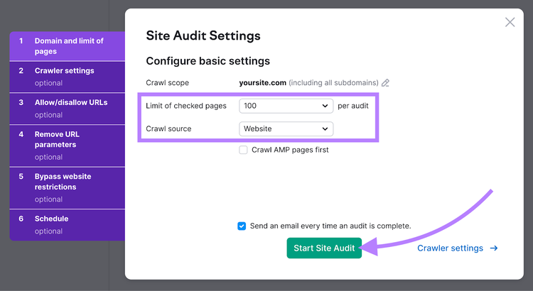 “Site Audit Settings” page