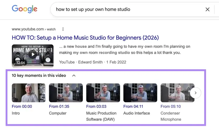 A video result on Google with the "10 key moments in this video" section highlighted.