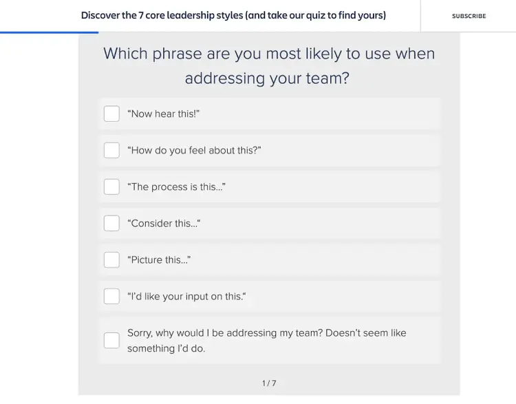 A quiz, by Atlassian, to find out your leadership styles by answering seven multiple-choice questions.