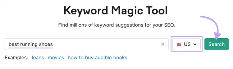 "best running shoes" entered into the Keyword Magic Tool search bar