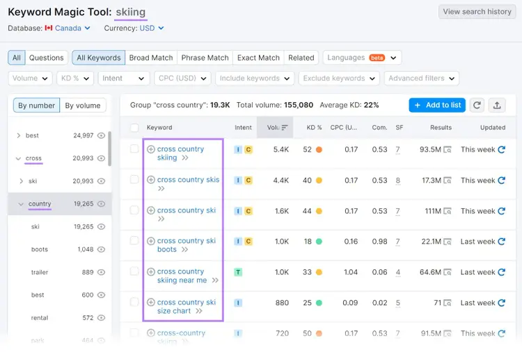 Keyword Magic Tool results for "skiing"