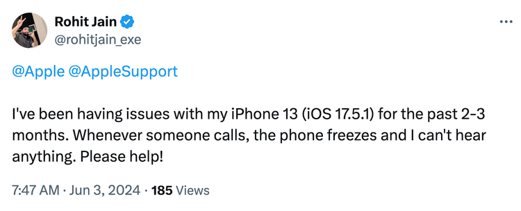 Tweet to Apple customer service asking for support to unfreeze an iPhone 13