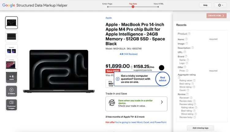 Google Structured Data Markup Helper Tag Data view showing MacBook Pro product page with fields to tag product details
