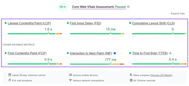 “Core Web Vitals Assessment” in PageSpeed Insights