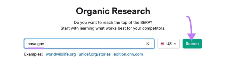 "nasa.gov" entered into the Organic Rankings search bar