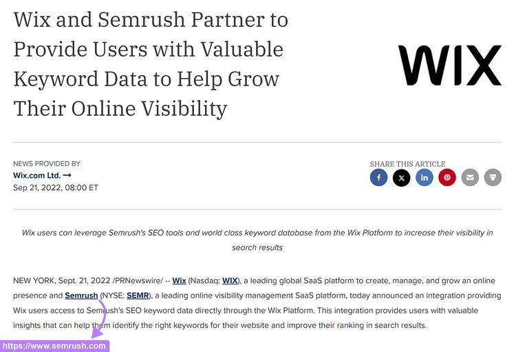 Wix Press release with backlink to Semrush homepage