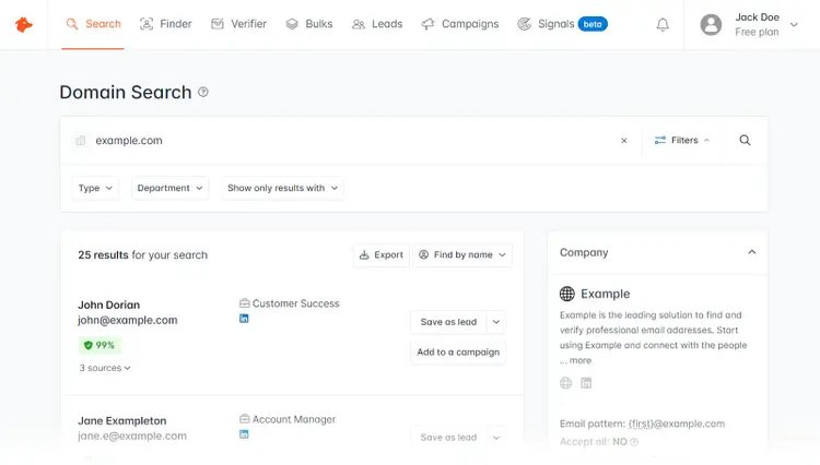 Hunter's domain search dashboard