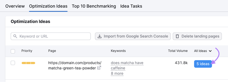 Total number of ideas for a selected page in On Page SEO Checker
