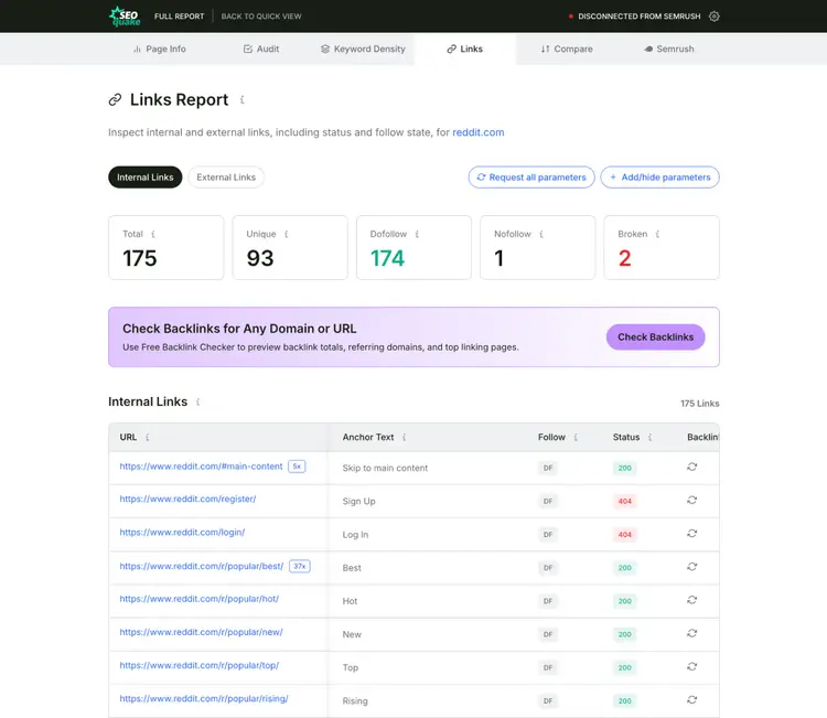 SEOquake links tab