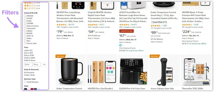 Filters on SEO ecommerce category page