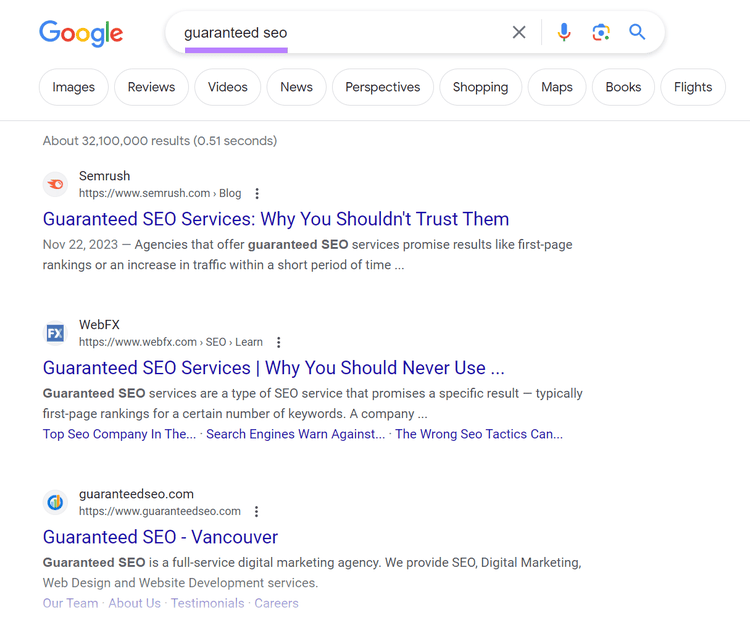 Google's SERP for "guaranteed seo" query shows organic search results at top