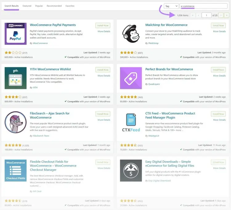 WooCommerce plugins directory showing PayPal, Mailchimp, and ecommerce integrations
