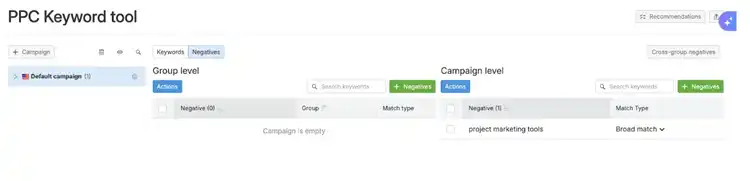 Semrush PPC Keyword Tool showing group-level and campaign-level negative keywords tabs