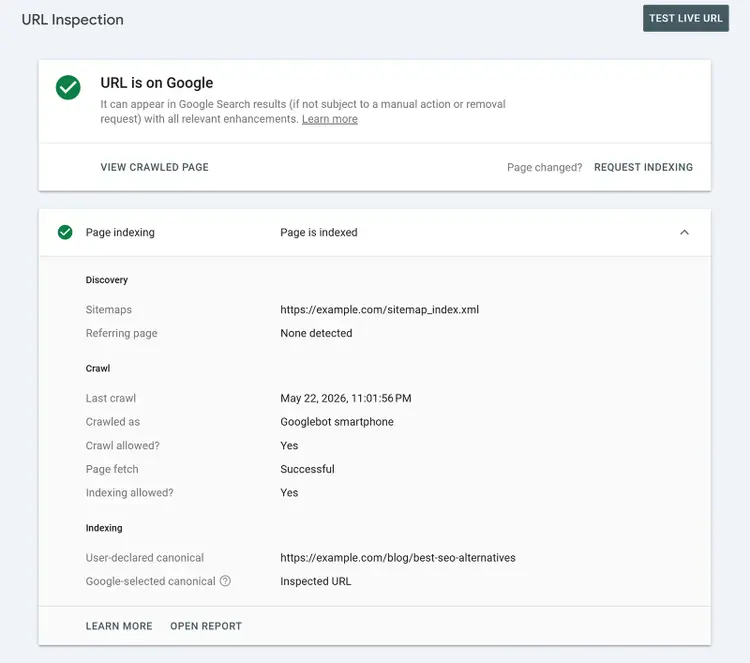 Google Search Console URL Inspection report showing page is indexed and on Google
