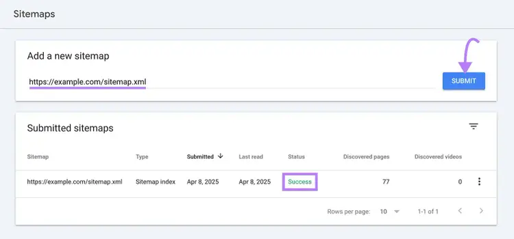 Sitemaps on Google Search Console with an option to add a new sitemap on top and a list of submitted sitemaps below.