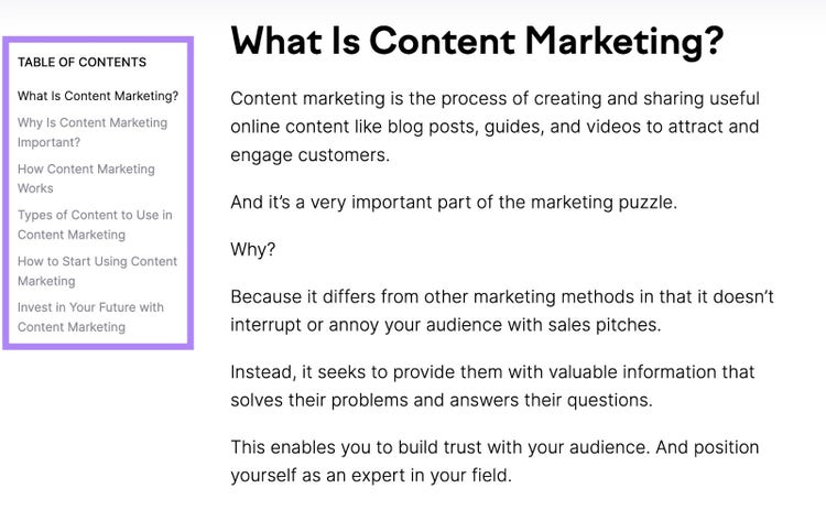 Screenshot: Blog article with table of contents sidebar listing content marketing section headings