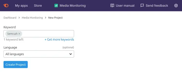 Media monitoring setup screen creating a new project with keyword, language, and project settings.
