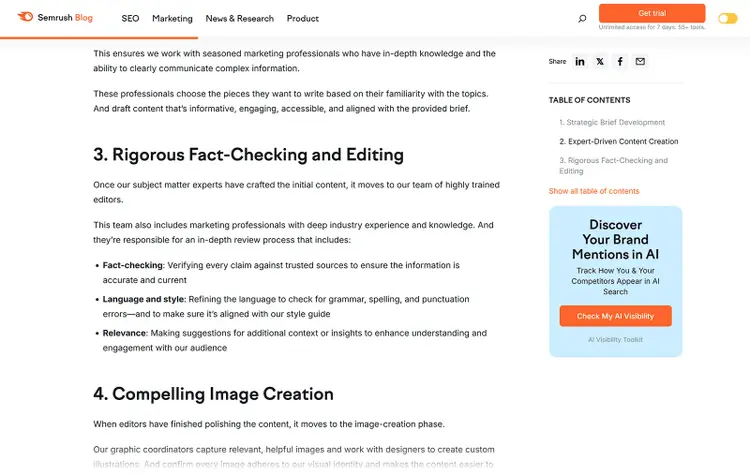 Semrush blog section showing a numbered heading and editorial review process description.
