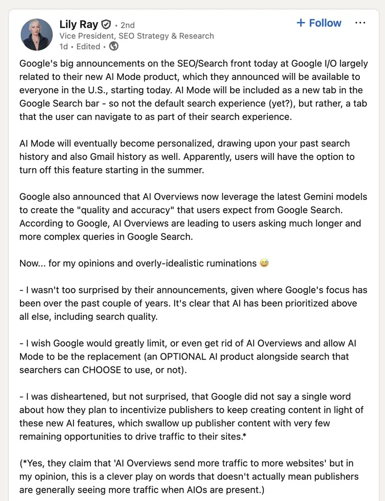 Lily Ray responds to AI Mode rollout on LinkedIn