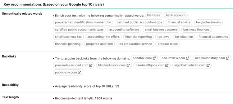 Key recommendations (based on your Google top 10 rivals) section in SEO Content Template