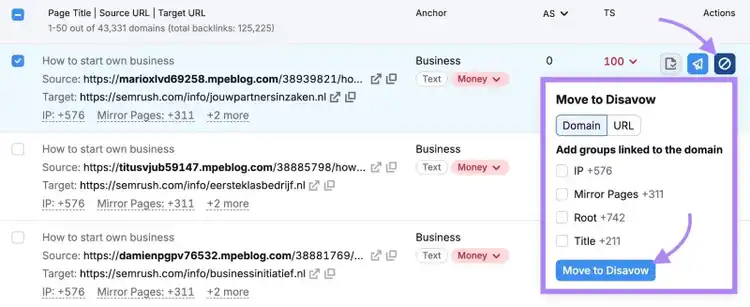 "Move to Disavow" clicked from the Disavow window on the Backlink Audit tool.