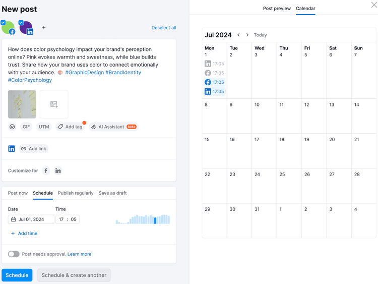 Semrush Social Poster tool social media scheduling interface showing a new post for LinkedIn and Facebook