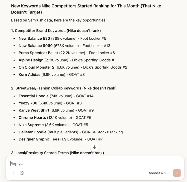 List of new keywords Nike competitors started ranking showing brands, models, and search volume