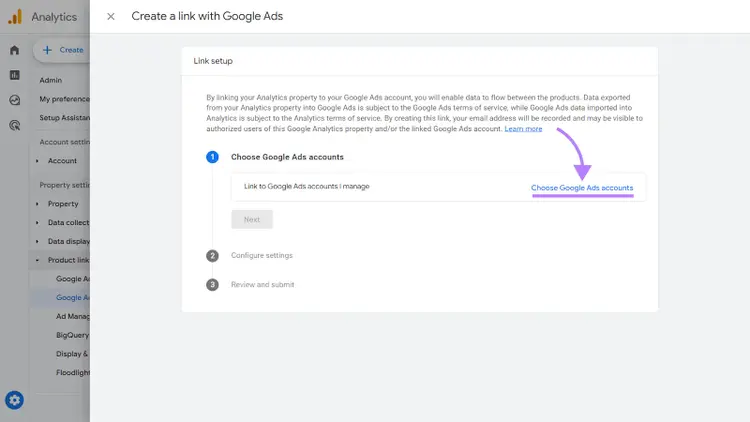 “Choose Google Ads accounts” option