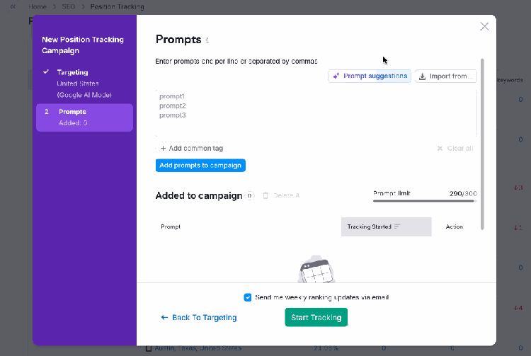Semrush Position Tracking dialog for Google AI Mode