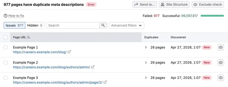 A list of pages with duplicate meta descriptions on Site Audit.