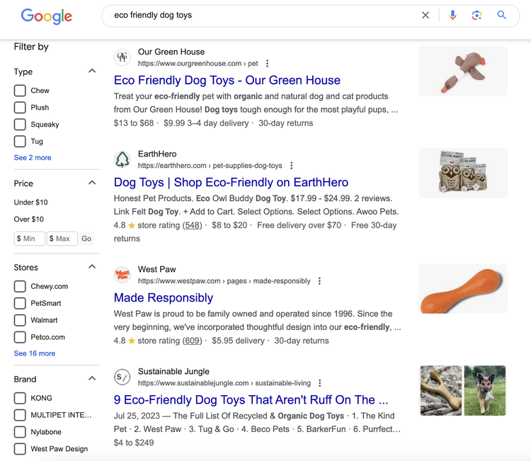 Google search results for “eco friendly dog toys.”