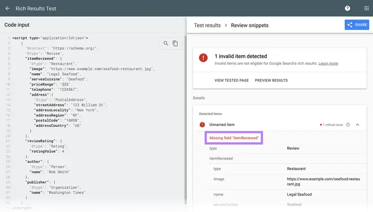 Rich Results Test results with Missing field error highlighted