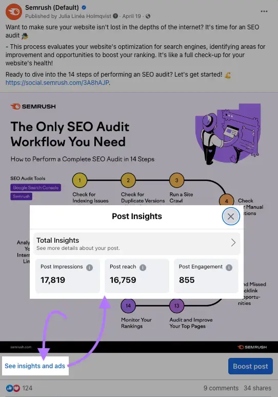 Facebook post from Semrush about SEO audit workflow