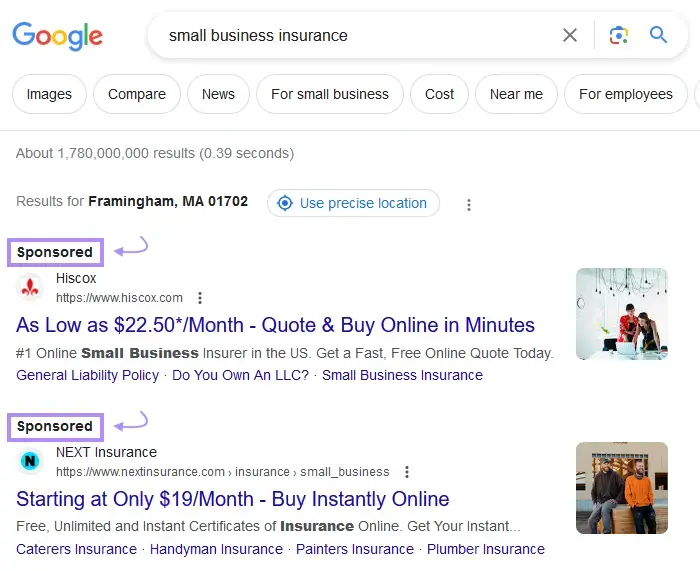 Google search ads for "small business insurance" query