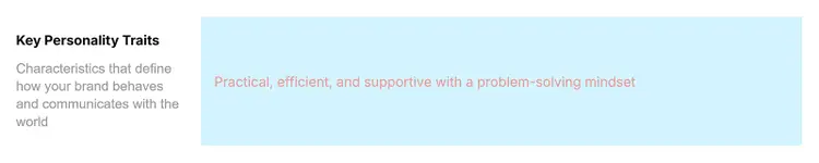 Brand persona template section describing brand personality traits as practical, efficient, and problem-solving.