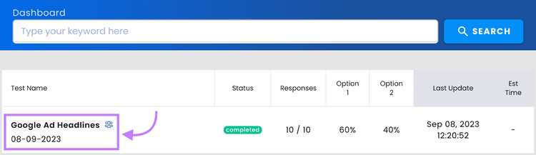 Pop-up window where you can see your test results by clicking on your test name