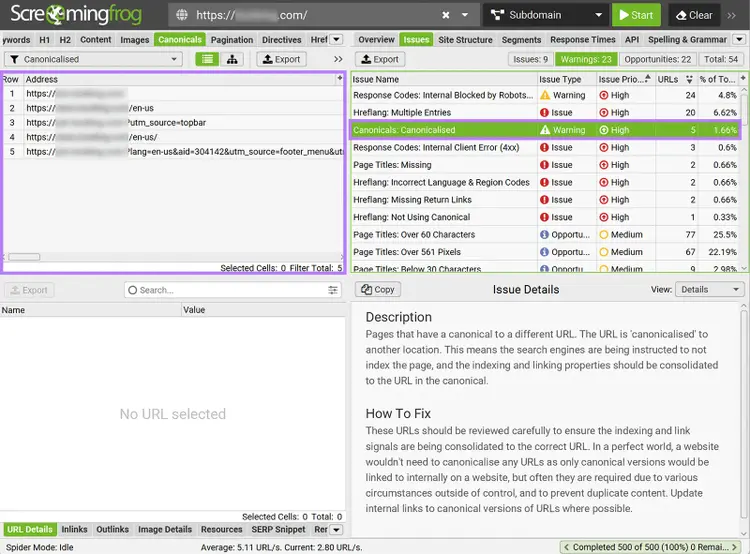 Screaming Frog issue details for canonicalized URLs with description and fix steps.