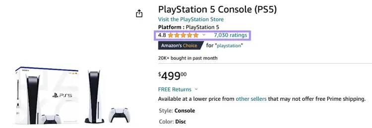 PlayStation 5 Console (PS5) listing on Amazon with reviews highlighted