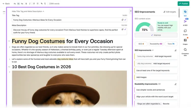 AI article generator editor showing a drafted blog post with title, headings, body text, and SEO analysis panel.