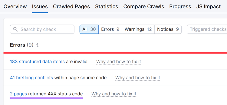 Site Audit results showing 2 pages with a 4xx status code error.