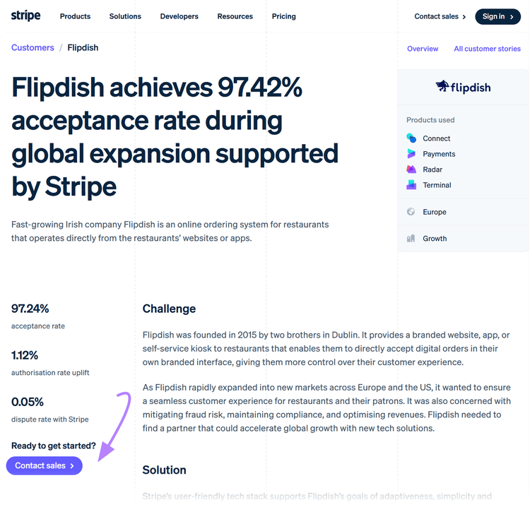 Stripe article with a contact sales button in blue in the web page's left side bar