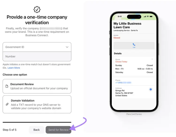 Form to verify a company with ID fields and two options. Purple arrow points to ‘Send for Review’