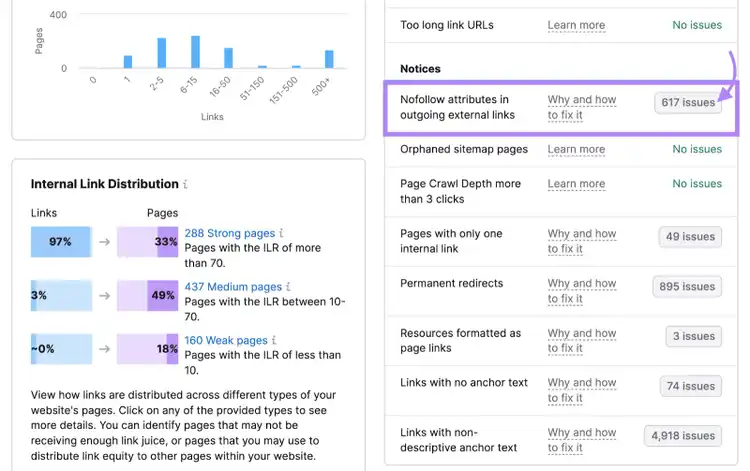 “Nofollow attributes in outgoing external links” issue in the “Notices” section
