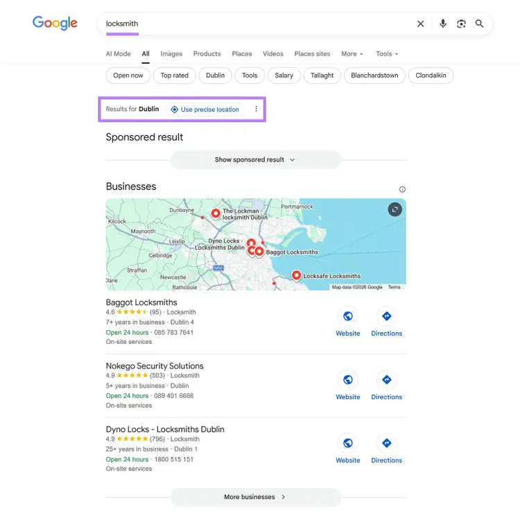Google SERP for the term "locksmith" showing results for the searcher's location, Dublin.