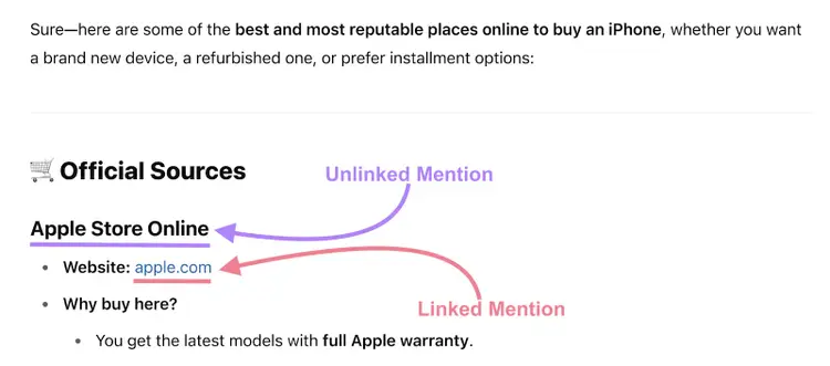 A ChatGPT response has an unlinked brand mention with a website URL listed as a linked brand mention beneath.